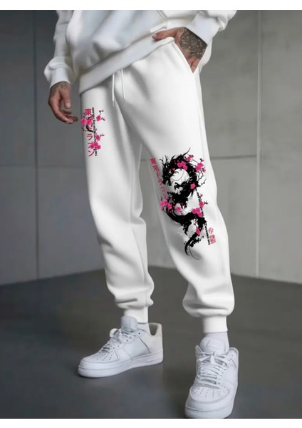 Büyük Beden Özel Tasarım Dragoon Baskılı %100 Pamuk Kışlık Japon Stil Erkek Eşofman Altı