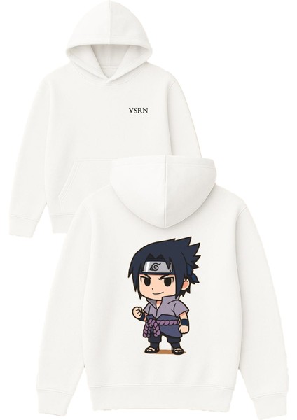 Siyah Saçlı Anime Tasarım Baskılı Oversize Beyaz Kapüşonlu Sweatshirt
