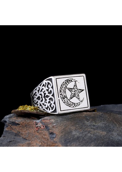 925 Ayar Gümüş Ayyıldız Model Kelime-I Tevhid Yazılı Erkek Yüzük modelleri