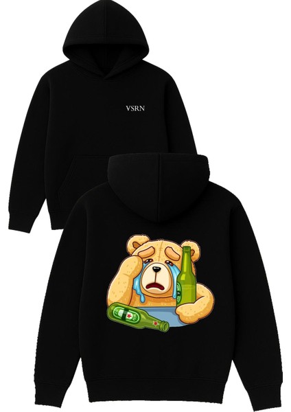 Bear Cry Tasarım Baskılı Oversize Siyah Kapüşonlu Sweatshirt