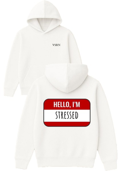 Hello Im Stressed Tasarım Baskılı Oversize Beyaz Kapüşonlu Sweatshirt