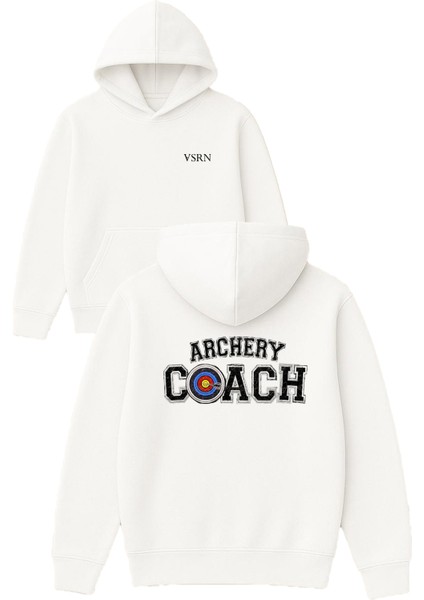 Archery Coach Tasarım Baskılı Oversize Beyaz Kapüşonlu Sweatshirt