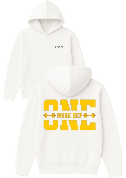 One More Rep Tasarım Baskılı Oversize Beyaz Kapüşonlu Sweatshirt