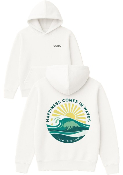 Happıness Comes In Waves Tasarım Baskılı Oversize Beyaz Kapüşonlu Sweatshirt