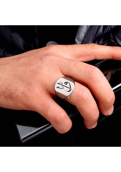 925 Ayar Gümüş Lale Motif Elif Vav Model Erkek Yüzük