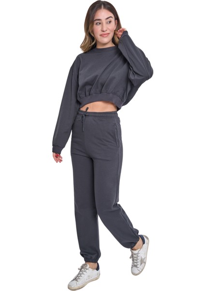 Kadın Üç Iplik Içi Pamuklu Şardonlu Eşofman Takımı Bisiklet Yaka Crop Eşofman Takımı