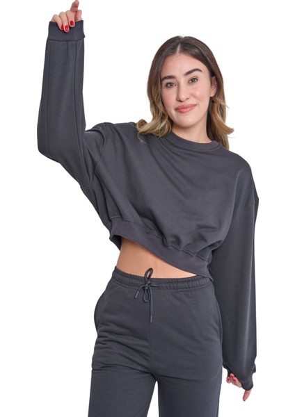 Kadın Üç Iplik Içi Pamuklu Şardonlu Eşofman Takımı Bisiklet Yaka Crop Eşofman Takımı fırsatları