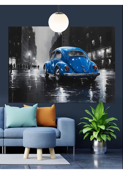 Mavi Klasik Araba Yağmur Sokak Dekoratif Kanvas - Mdf Ahşap Tablo