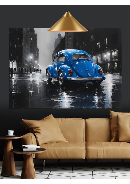 Mavi Klasik Araba Yağmur Sokak Dekoratif Kanvas - Mdf Ahşap Tablo fiyatları