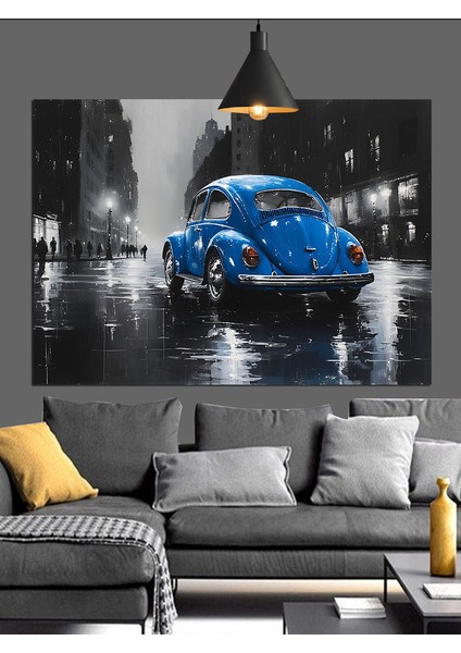 Mavi Klasik Araba Yağmur Sokak Dekoratif Kanvas - Mdf Ahşap Tablo modelleri