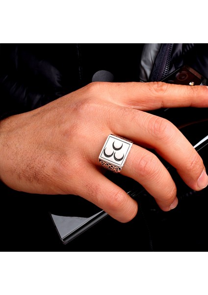 925 Ayar Gümüş Üç Hilal Model Erkek Yüzük