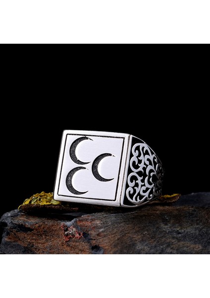 925 Ayar Gümüş Üç Hilal Model Erkek Yüzük fiyatları