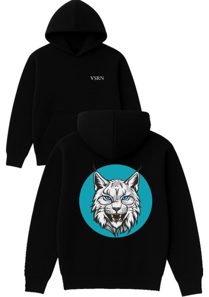 Mavi Gözlü Kedi Tasarım Baskılı Oversize Siyah Kapüşonlu Sweatshirt
