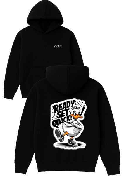 Ready Set Quack Tasarım Baskılı Oversize Siyah Kapüşonlu Sweatshirt