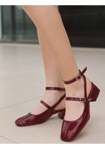 Kadın Kare Burunlu Rugan Geniş Topuklu Ayakkabı-Bordo