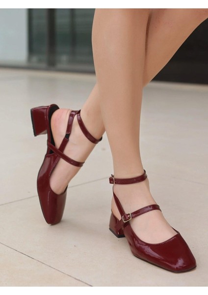 Kadın Kare Burunlu Rugan Geniş Topuklu Ayakkabı-Bordo fiyatları