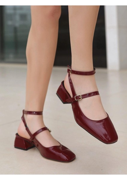 Kadın Kare Burunlu Rugan Geniş Topuklu Ayakkabı-Bordo modelleri