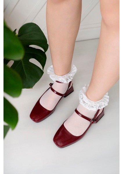 Kadın Kare Burunlu Rugan Geniş Topuklu Ayakkabı-Bordo