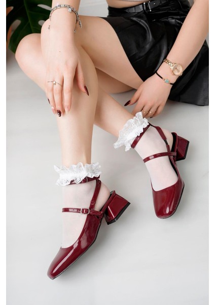 Kadın Kare Burunlu Rugan Geniş Topuklu Ayakkabı-Bordo