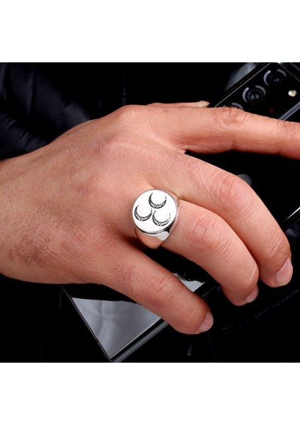 925 Ayar Gümüş Üç Hilal Model Erkek Yüzük