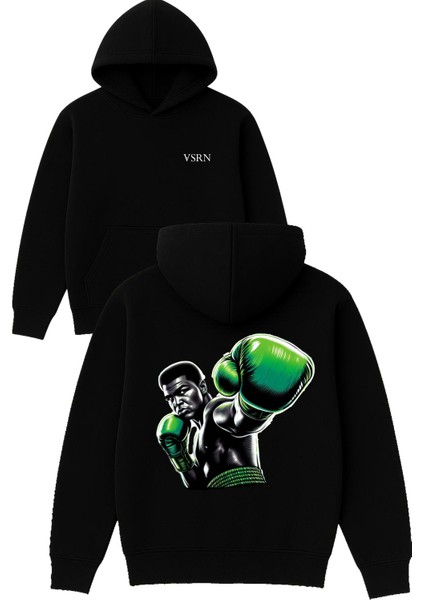 Yeşil Eldivenli Muhammed Ali Tasarım Baskılı Oversize Siyah Kapüşonlu Sweatshirt