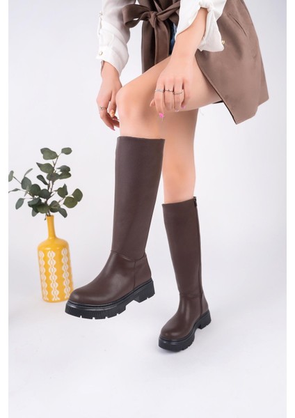 Fermuarlı Uzun Cilt Kadın Çizme- Kahverengi fiyatları