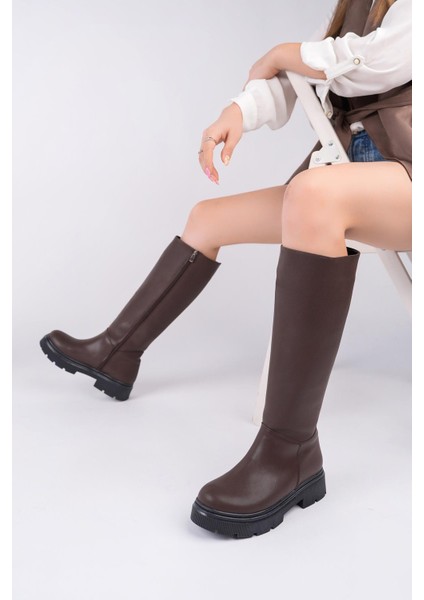 Fermuarlı Uzun Cilt Kadın Çizme- Kahverengi modelleri