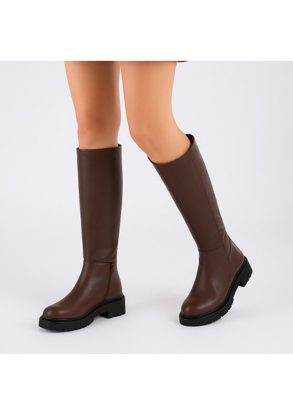 Fermuarlı Uzun Cilt Kadın Çizme- Kahverengi indirimleri