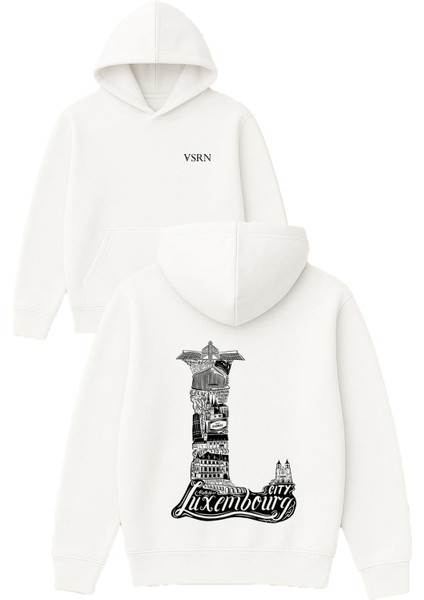 Luxembourg Cıty Tasarım Baskılı Oversize Beyaz Kapüşonlu Sweatshirt