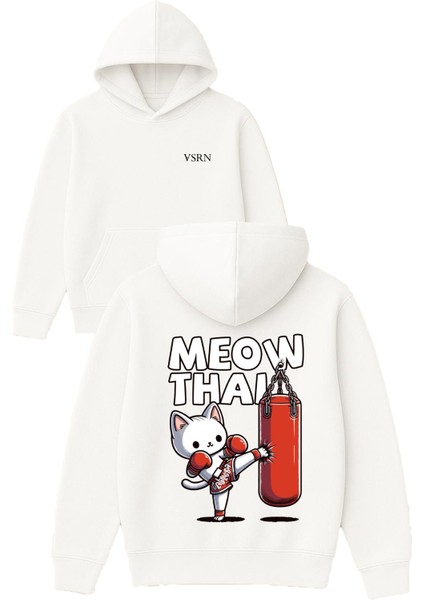 Meow Thaı Tasarım Baskılı Oversize Beyaz Kapüşonlu Sweatshirt