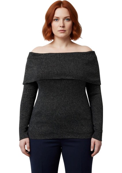 Kadın Ekru Simli Fitilli Triko Bluz Carmen Yaka Omzu Açık Regular Boy Uzun Kollu Casual Tarz