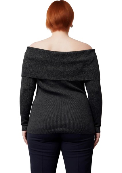 Kadın Ekru Simli Fitilli Triko Bluz Carmen Yaka Omzu Açık Regular Boy Uzun Kollu Casual Tarz fiyatları