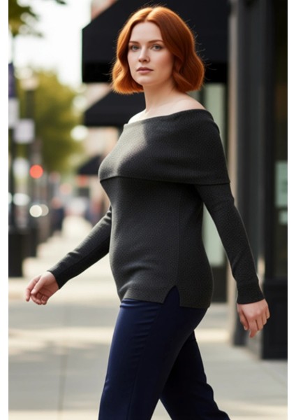 Kadın Ekru Simli Fitilli Triko Bluz Carmen Yaka Omzu Açık Regular Boy Uzun Kollu Casual Tarz modelleri