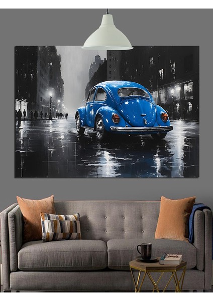 Mavi Klasik Araba Yağmur Sokak Dekoratif Kanvas - Mdf Ahşap Tablo fırsatları