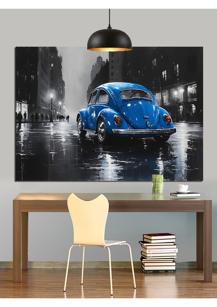 Mavi Klasik Araba Yağmur Sokak Dekoratif Kanvas - Mdf Ahşap Tablo indirimleri