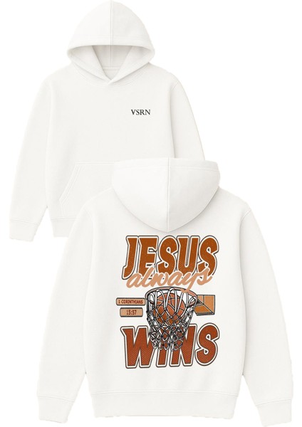 Jesus Wıns Tasarım Baskılı Oversize Beyaz Kapüşonlu Sweatshirt