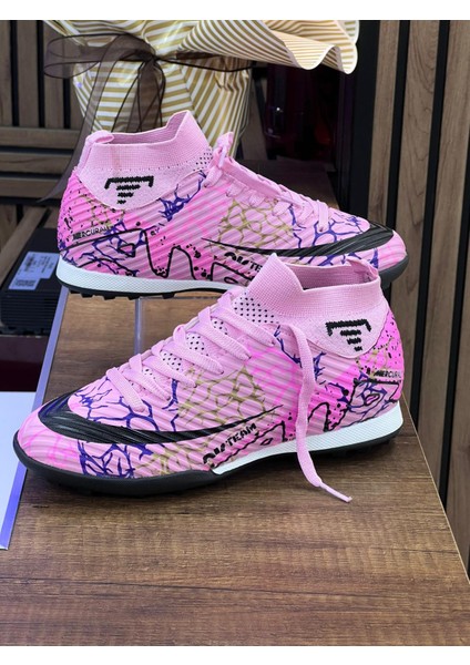 Erkek Likralı Çoraplı Halısaha Spor Ayakkabı- Pembe Fuşya