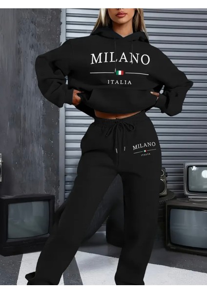 Büyük Beden Özel Tasarım Kapüşonlu Milano Baskılı %100 Pamuk Kışlık Modern Kadın Eşofman Takımı