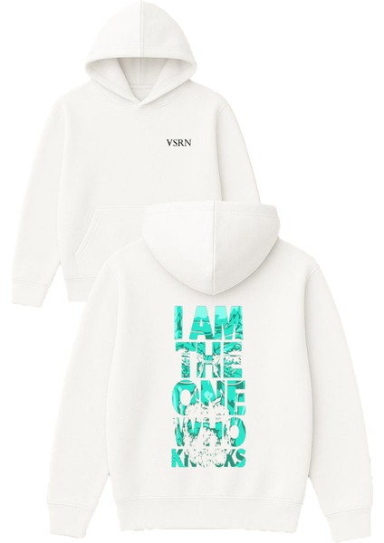 I Am One Who Tasarım Baskılı Oversize Beyaz Kapüşonlu Sweatshirt