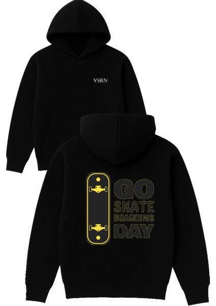 Go Skate Boardıng Day Tasarım Baskılı Oversize Siyah Kapüşonlu Sweatshirt