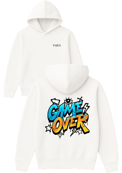 Game Over Mavi Turuncu Tasarım Baskılı Oversize Beyaz Kapüşonlu Sweatshirt