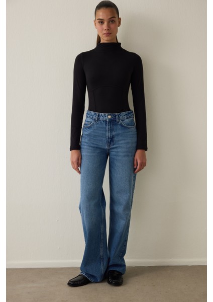 Siyah Yarım Balıkçı Yaka Uzun Kollu Bodysuit indirimleri