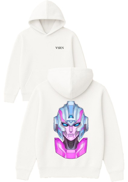 Pembe Robot Tasarım Baskılı Oversize Beyaz Kapüşonlu Sweatshirt