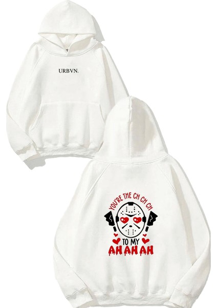 Ahahah Tasarım Baskılı Oversize Beyaz Kapüşonlu Sweatshirt