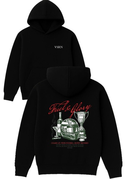 Tuel ve Glory Tasarım Baskılı Oversize Siyah Kapüşonlu Sweatshirt