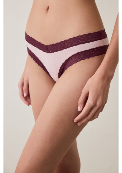 Gül Kurusu Dantelli Pamuklu Normal Bel Brazilian Külot
