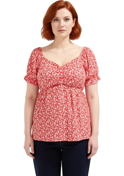 Kadın Kalp Yaka Kısa Kollu Örme Bluz Günlük Kullanıma Uygun Kaliteli Şık Rahat Modern Zarif