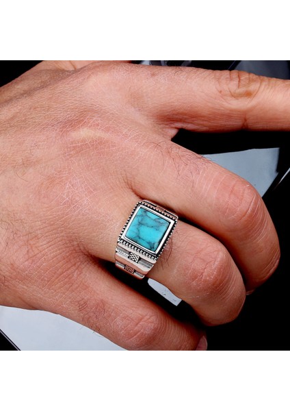 925 Ayar Gümüş Turkuaz Taşlı Model Erkek Yüzük