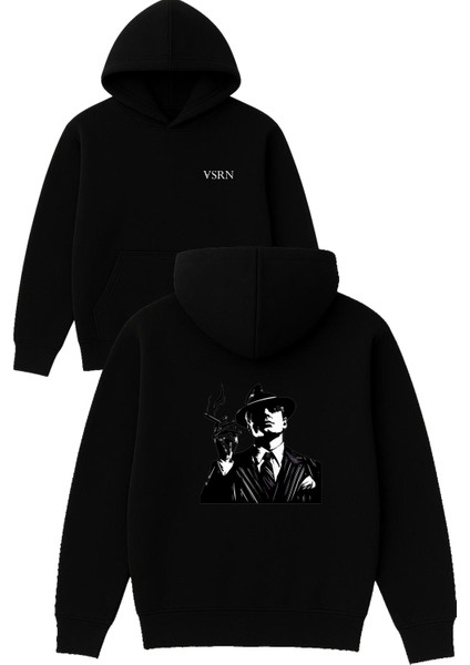 God Father Tasarım Baskılı Oversize Siyah Kapüşonlu Sweatshirt