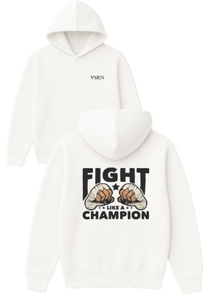 Fıght Champıon Tasarım Baskılı Oversize Beyaz Kapüşonlu Sweatshirt